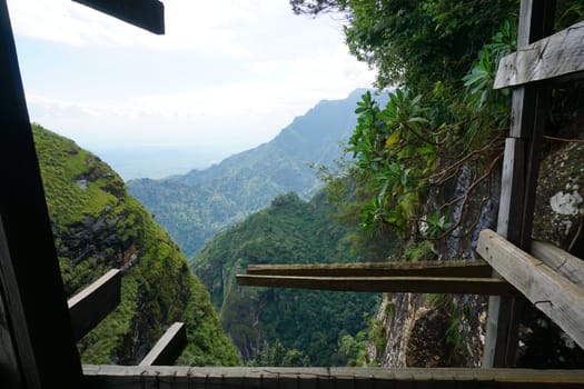 Shot out of the wooden staircase leading to a view point, Usambara Mountains near Lushoto, Tanzania 2021