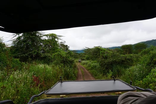 View from our car on a game drive on the landscape of the Ngorongoro Crater and another car, Tanzania 2021