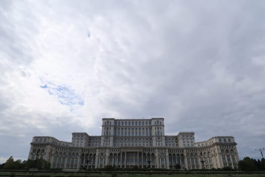 The Palace of the Parliament on a cloudy day, Bucharest, Romania 2021