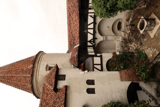 View on the western tower and into the courtyard of Bran Castle, Brasov, Romania 2021