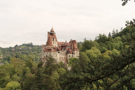 Breathtaking view onto Bran Castle on a summer day, Brasov, Romania 2021