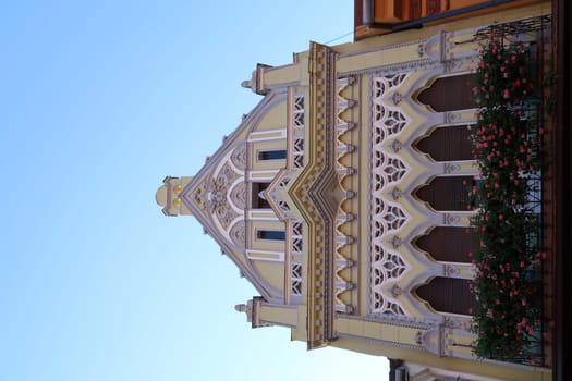 Elaborate decor on the facade of a house in Brasov, Romania 2021