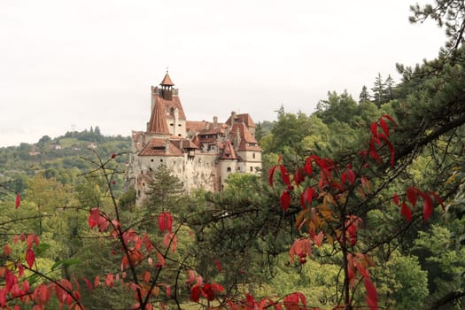View through red leaves onto Bran Castle in late summer, Brasov, Romania 2021