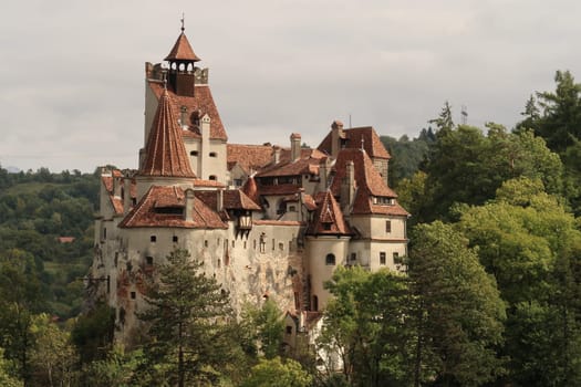 Spectacular view onto Bran Castle on a sunny day, Brasov, Romania 2021