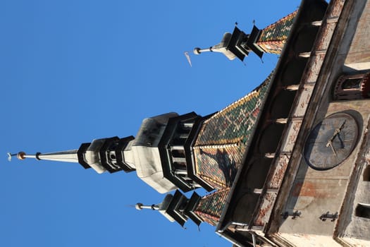 Closeup onto the details of Sighisoaras famous Clock Tower, Romania 2021