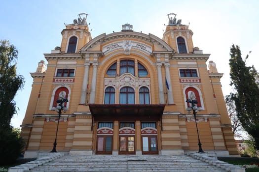 View onto the front of Cluj-Napocas famous Lucian Blaga National Theatre, Romania 2021
