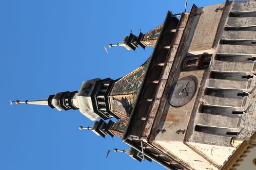 Sighisoaras famous Clock Tower from outside of the Citadel, Romania 2021