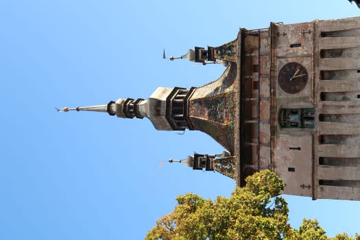 Sighisoaras beautiful Clock Tower from inside of the Citadel, Romania 2021
