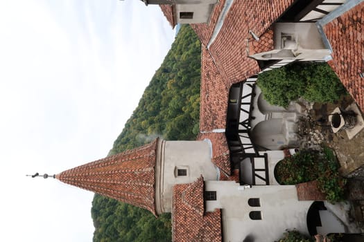 View on the western tower and into the courtyard of Bran Castle, Brasov, Romania 2021