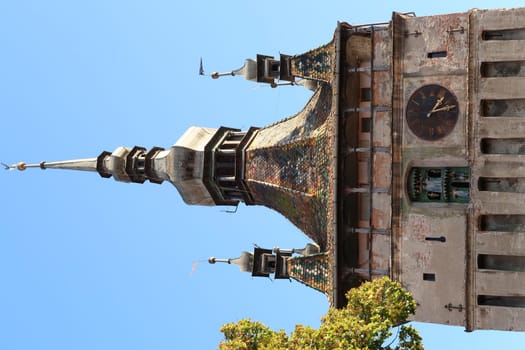 Closeup on Sighisoaras famous Clock Tower from inside of the Citadel, Romania 2021
