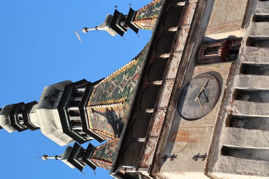 Closeup on Sighisoaras famous Clock Tower from outside of the Citadel, Romania 2021