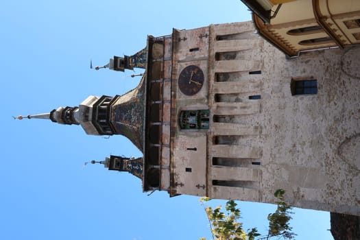 View onto Sigishoaras famous Clock Tower from inside of the citadel, Romania 2021