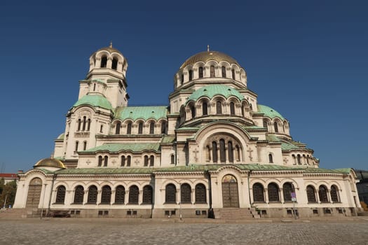 The many windows and domes of the St. Alexander Nevsky Cathedral in Sofia, Bulgaria 2021