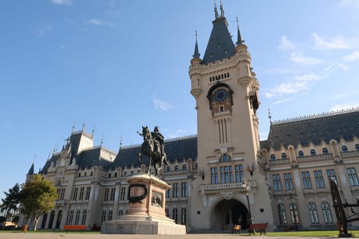 The impressive front facade of Iasis famous Palace of Culture, Romania 2021