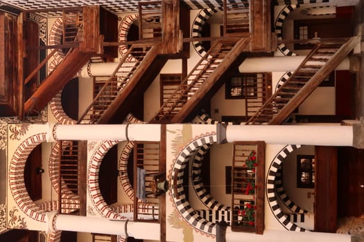 The many stairways leading up to the residential part of Rila Monastery, Bulgaria 2021