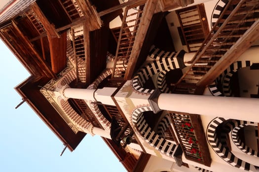The architecture of the residential part of Rila Monastery: many stairways, Bulgaria 2021
