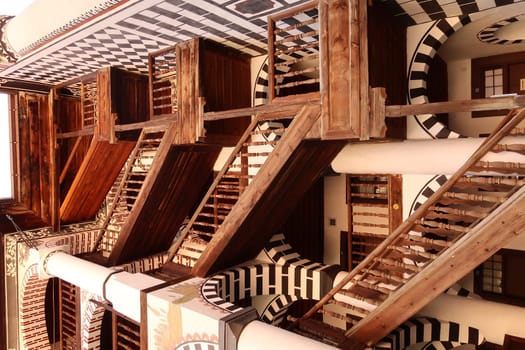 View onto the many stairs to the residential part of Rila Monastery, Bulgaria 2021