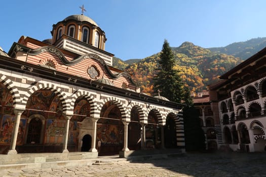 View onto the famous Main Church of Rila Monastery in autumn, bulgaria 2021
