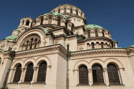Close-up on the facade of the St. Alexander Nevsky Cathedral in Sofia, Bulgaria 2021