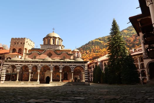 View on the courtyard of Rila Monastery with it's famous Main Church, Bulgaria 2021