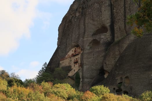 Picturesque view onto the Monastery of Saint Nikolaos Badovas in fall, Meteora Monasteries, Greece 2021