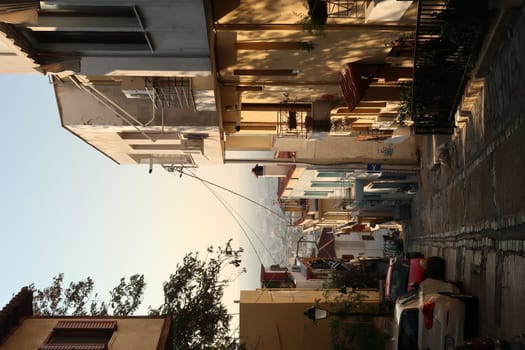 Narrow, steep alley in Ano Poli, Thessaloniki, on the way to the Byzantine Walls, Greece 2021