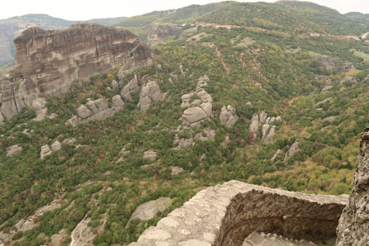 Spectacular view from the Monastery of the Holy Trinity onto the surrounding landscape, Meteora, Greece 2021