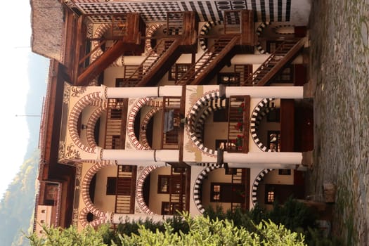 View onto one of the staircases of the residential part of Rila Monastery, Bulgaria 2021
