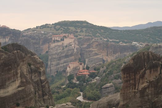View from the Monastery of the Holy Trinity several other monasteries, Meteora, Greece 2021