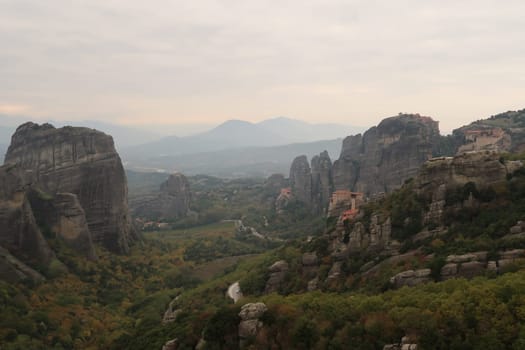 View onto Monasteries of St. Nicholas Anapafsas, Roussanou, Great Meteoron and Varlaam