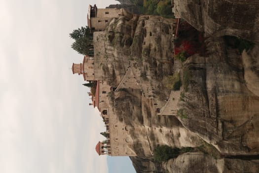 Fantastic vertical shot of the Monastery of Varlaam, Meteora, Greece 2021