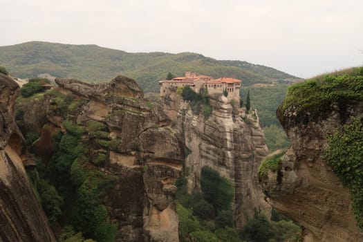 View from the Holy Monastery of Great Meteoron onto the Monastery of Varlaam, Meteora, Greece 2021