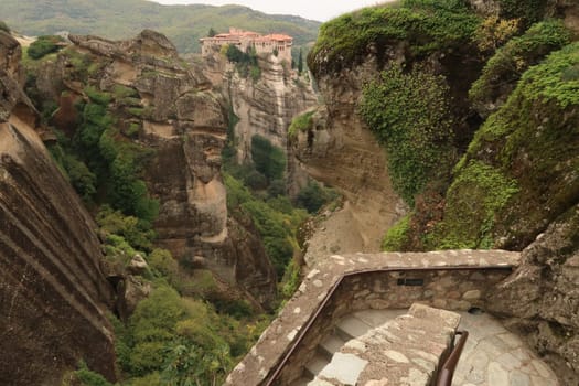 Stunning view from the stairs leading up to the Holy Monastery of Great Meteoron, Meteora, Greece 2021