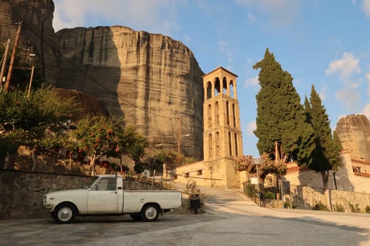 Peaceful view onto the Holy Church of the Dormition of the Virgin Mary in Kalambaka, Meteora, Greece 2021