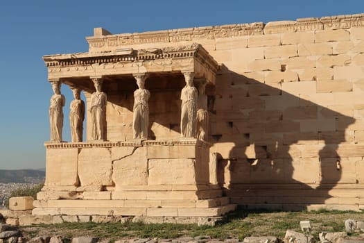 The Porch of the Maidens at the Erechtheion Temple during golden hour, Athens, Greece 2021