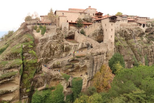 Spectacular view onto the Holy Monastery of Great Meteoron, Meteora, Greece 2021