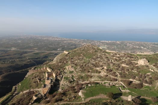 Spectacular view from the Acrocorinth, a fort near Corinth, onto the sea, Greece 2021