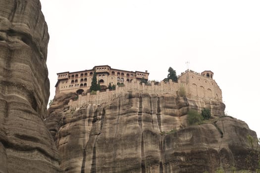 View of the high up Monastery of Varlaam from below, Meteora, Greece 2021