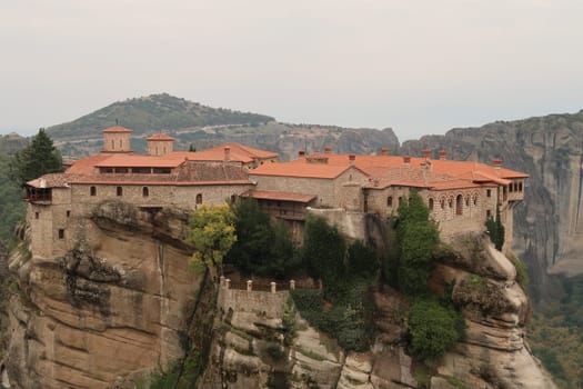 The big Monastery of Varlaam, built on top of a rock pillar, Meteora, Greece 2021