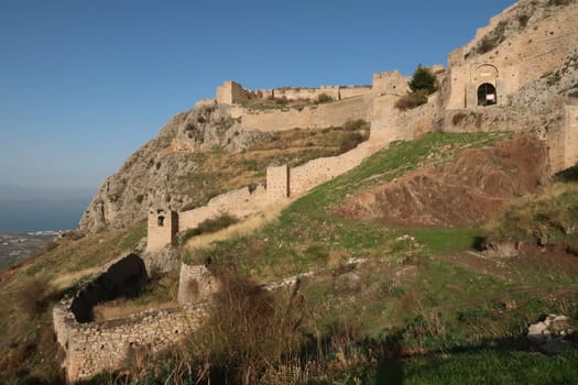The impressive walls of the Acrocorinth, built on steep hills, Corinth, Greece 2021