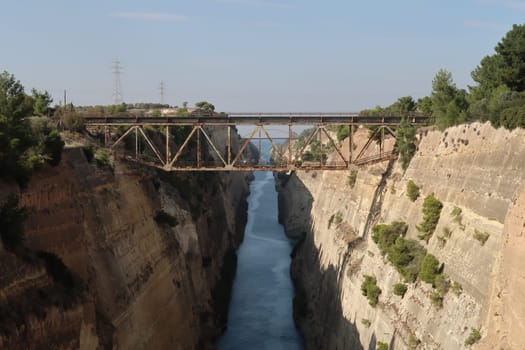 Bridge connecting the greek mainland and the Peloponnese peninsula over the Corinth Canal, Corinth, Greece 2021