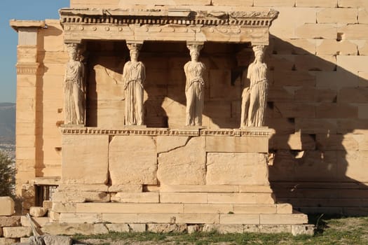 Close-up of the famous Porch of the Maidens, attached to the Erechtheion Temple, Athens, Greek 2021