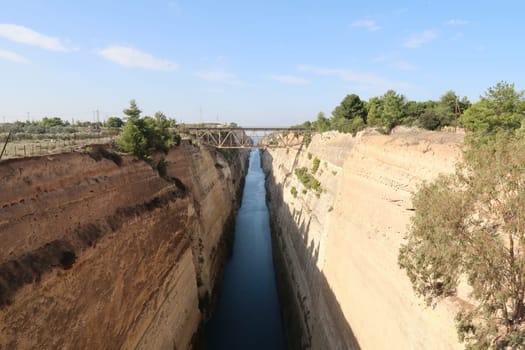 The impressive Corinth Canal, seperating the Peloponnese from greek mainland, Corinth, Greece 2021