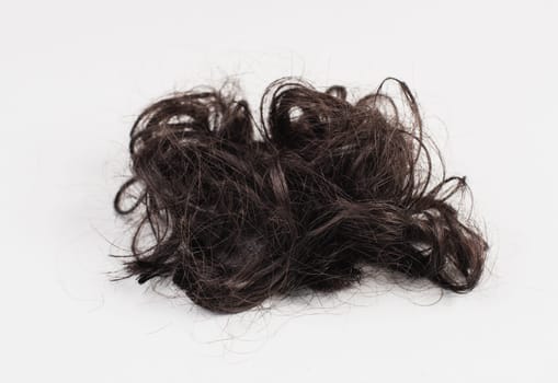 Dark black curly human hair isolated on a light gray background