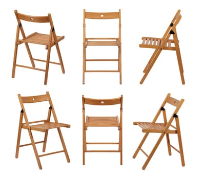 Six different angles of a folding wood chair on white with clipping path