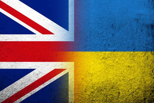 National flag of United Kingdom, Great Britain with National flag of Ukraine. Grunge background