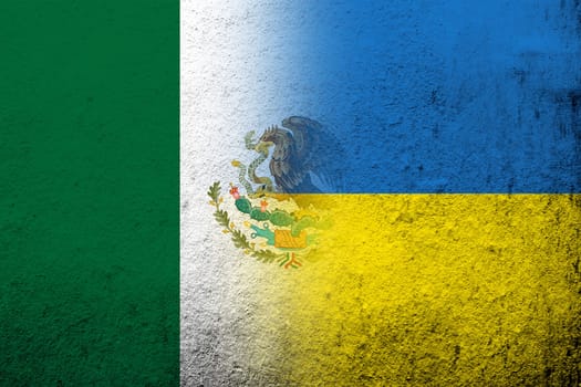 The United Mexican States National flag with National flag of Ukraine. Grunge background