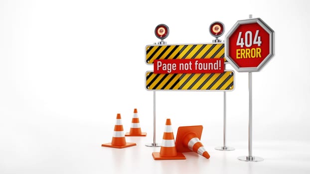 404 web page not found error signboard and traffic cones. 3D illustration.