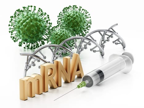 DNA model, syringe, virus model and mRNA text isolated on white background. 3D illustration.