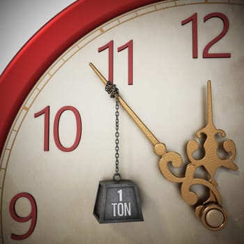One ton weight chained at the clock hand stopping the time. 3D illustration.